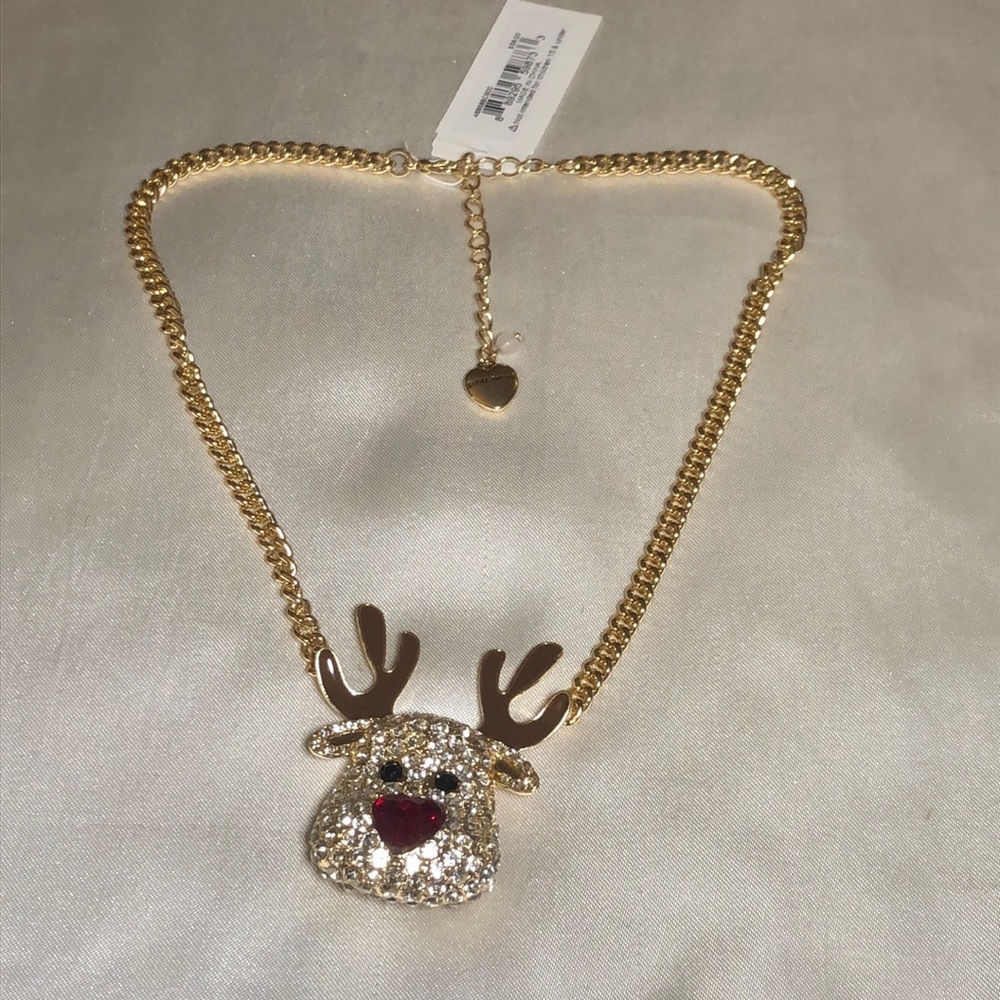 Betsey Johnson Gold Tone Reindeer Pendant Necklace Crystal Accents NWT
